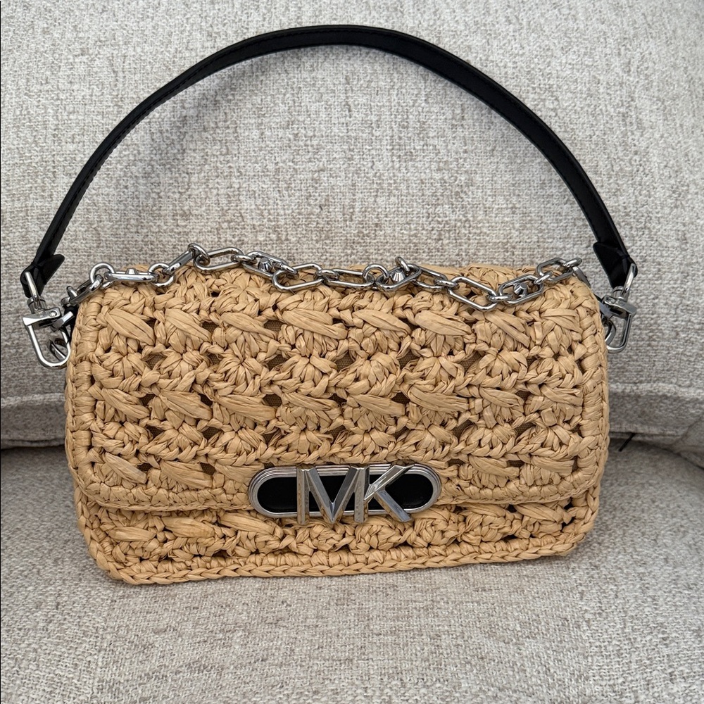 Michael Kors Beige Raffia Shoulder Bag with Black Trim & Silver Hardware